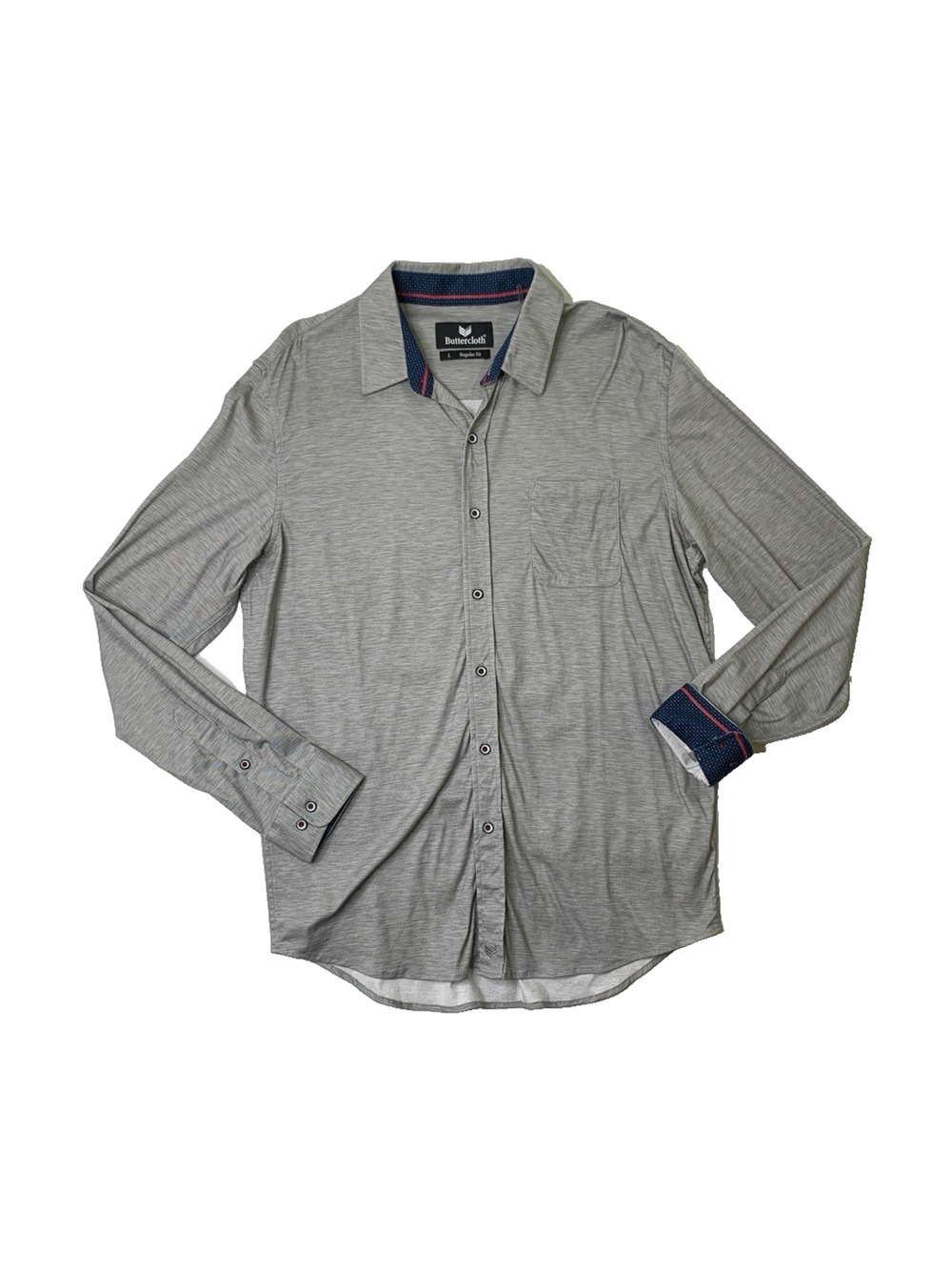 Butter Cloth Shirt Mens L Large Gray Cotton Regular Fit‎ Flip Cuff Long Sleeve